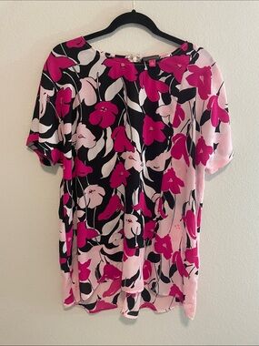 Vince Camuto Pink Black & Light Pink Floral Short Sleeve Blouse